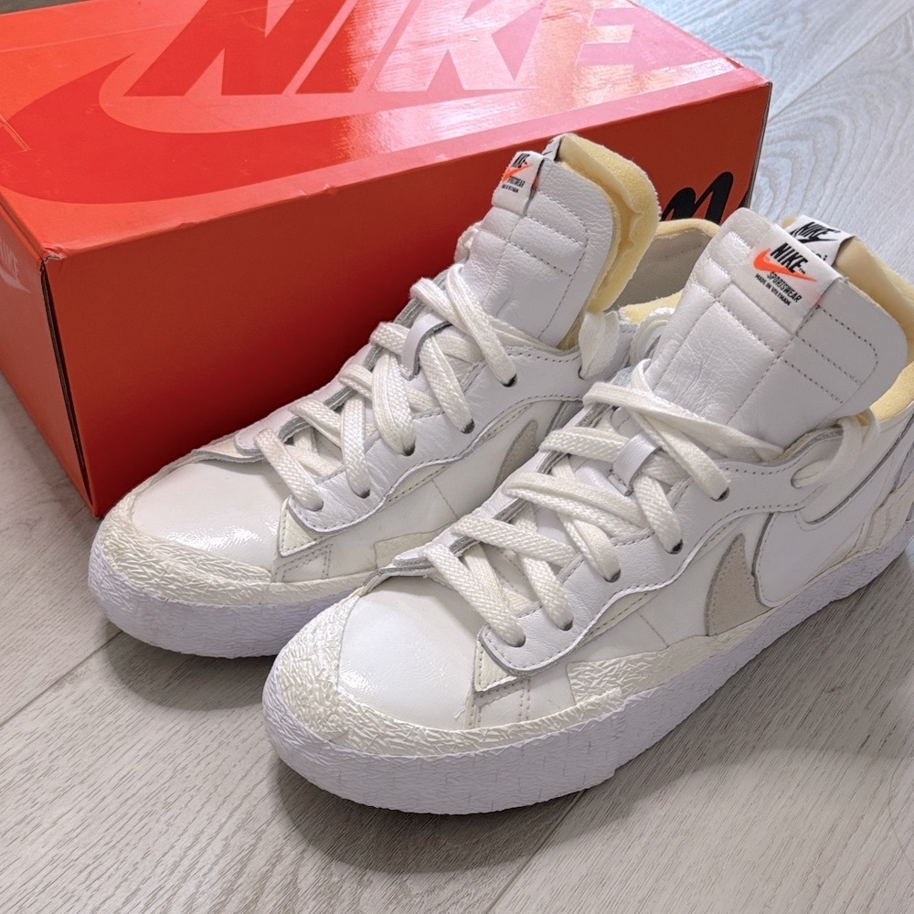 Size 9.5 - Nike Blazer Low x Sacai Shiny White 2022 Like New! Rare/Limited